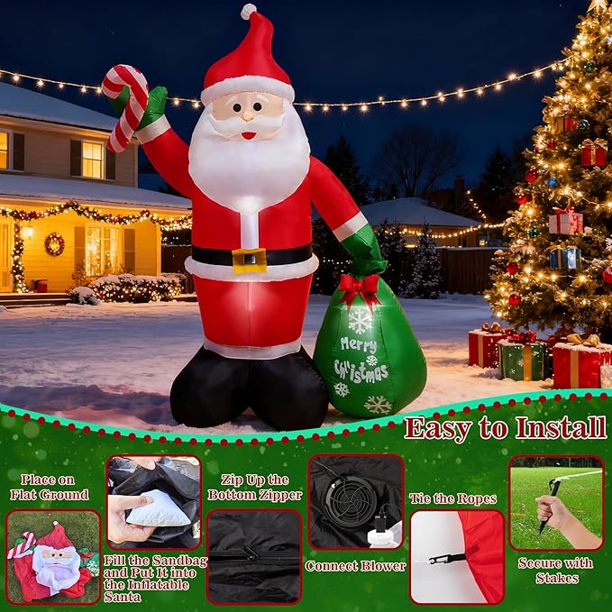 8 FT Christmas Inflatable Santa Claus Outdoor Decorations, Durable Blow Up Santa Claus with Gifts Bag, Built-in LED Light, Xmas Outside Decor for Garden Patio Lawn Home Indoor Winter Holiday Party