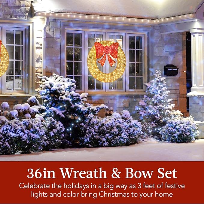 Best Choice Products 36in Pre-Lit Outdoor Christmas Wreath Decoration, LED Metal Holiday Decor for Home w/ 120 Lights, Bow - Gold/Red