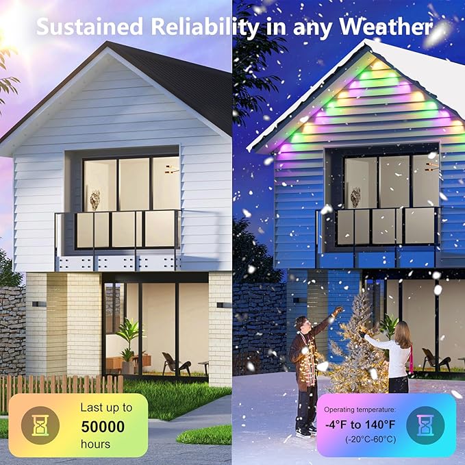 deerdance Permanent Outdoor Lights for House 100ft Smart ICRGB Outside Light Eaves Lights for Christmas All Holiday Decorations Trim Light Year Round String Light Work with Alexa, Google (100ft)