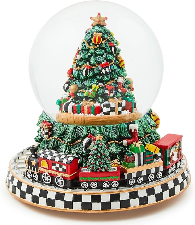 MACKENZIE-CHILDS Snow Globe, Musical Christmas Decor for Living Room, Cozy Christmas Tree & Train