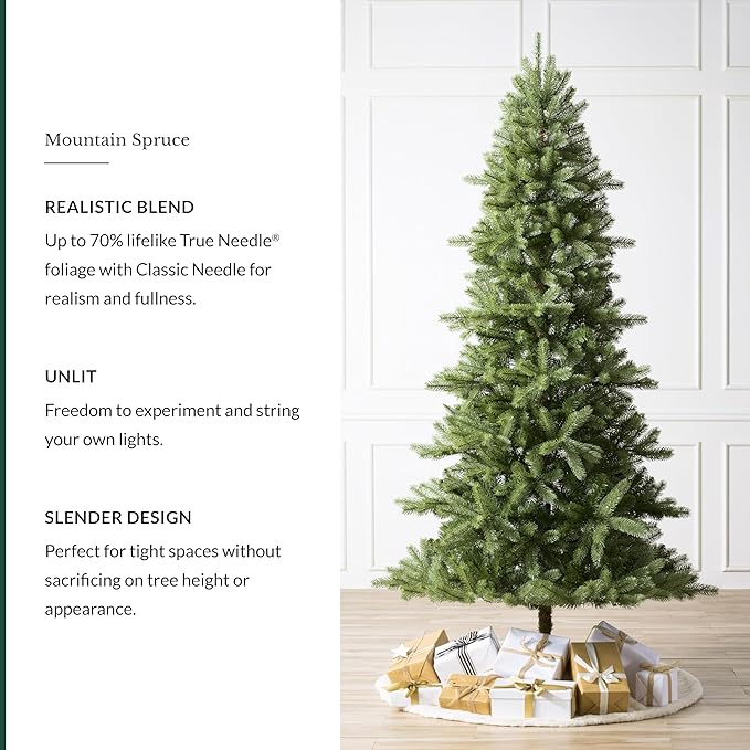 Balsam Hill Mountain Spruce - Realistic Narrow Artificial Christmas Tree with True Needle Foliage Available Unlit or with Warm LED Clear Lights, Unlit, 7.5'