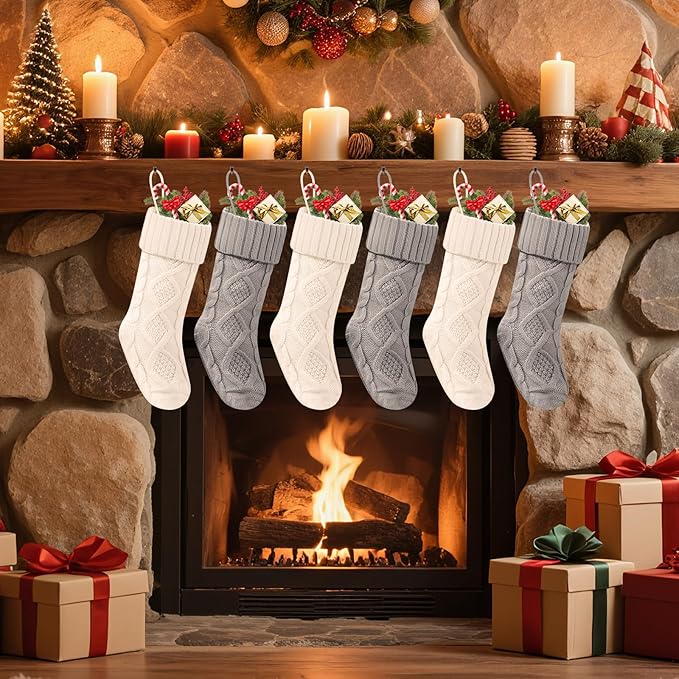 Christmas Stockings 18 Inches,Long Knitted Socks Christmas Decoration Hanging Stocking Fireplace Xmas Tree Stocking for Home Family（6P-3white+3gray）