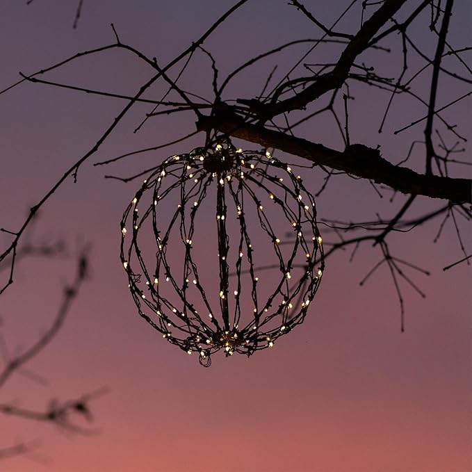 Wintergreen Lighting LED Light Ball - Indoor/Outdoor Christmas Light Balls, Fold Flat Metal Frame (16, Brown Frame, Warm White Lights)