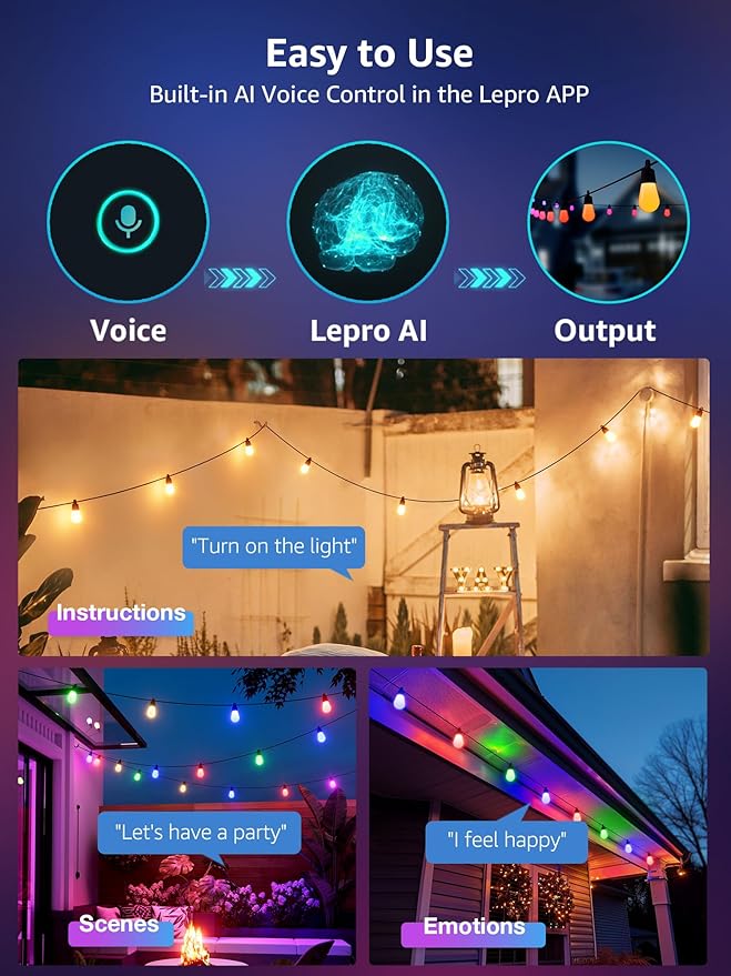 Lepro ZB1 AI Smart Outdoor String Lights APP Control, 54(42+12) ft RGB+IC+Warm White Outdoor Lights 15 LED Bulbs, Alexa Google Home Enable, AI Generated Lighting LLM, NO Remote 2.4 GHz WiFi+Bluetooth