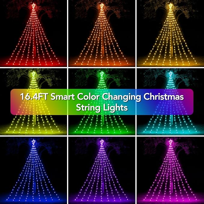 16.4FT Smart RGB Christmas Waterfall Lights with Star, APP & Remote Control, DIY Custom Light Show & Music Sync, Timer, 245 LEDs Color Changing Outdoor Decor for Xmas, Yard, Party