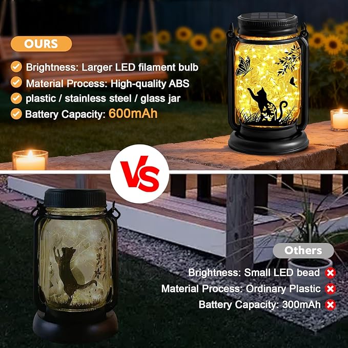 2 Pack Cat Solar Lanterns, Outdoor Hanging Solar Lantern with Stake, Christmas Birthday Gifts for Mom, Grandma,Women,Black Cat Butterfly Vintage Glass Mason Jar Waterproof Lights for Yard Garden Decor