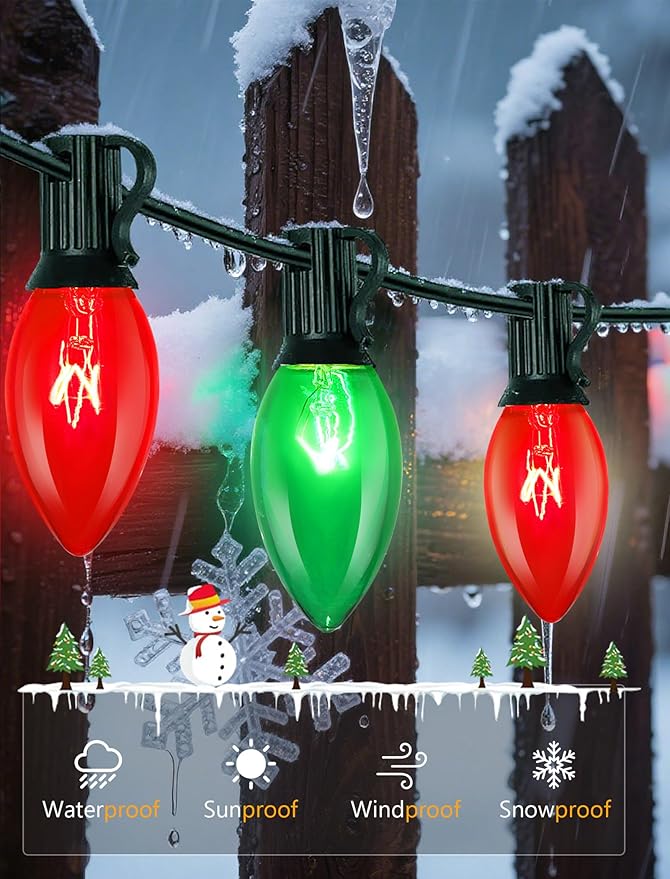 25Ft C9 Red and Green Christmas Lights Outdoor, C9 Vintage Christmas String Lights with 27 Clear Red Green Bulbs, Hanging Outdoor Christmas Lights for Backyard Prom Roofline Path Party Garden Decor
