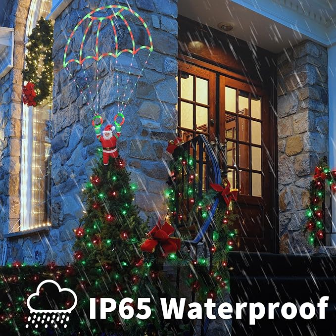 Christmas Decorations Lights Outdoor, 2.8ft LED Christmas Parachute Light with Santa Claus, 8 Modes & Timer Battery Operated Hanging Xmas Lights for Roof Eave Balcony Home Garden Decor (Red Green)