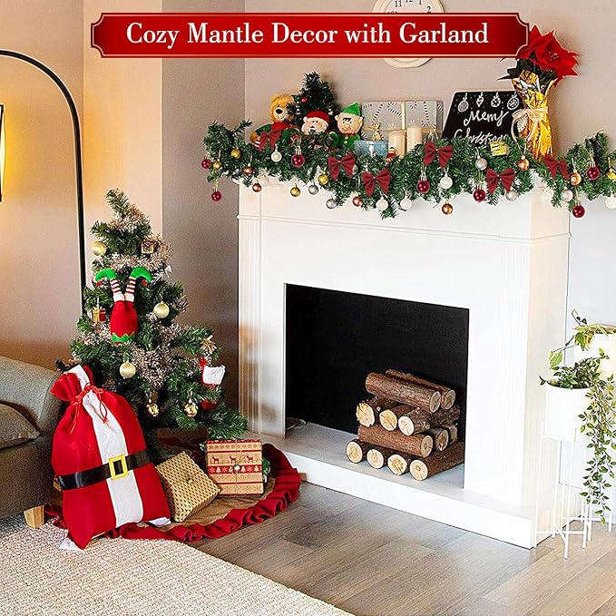72Feet Christmas Garland, with 36 Red Velvet Bows and 24 Decorative Balls, Non-Lit Greenery Christmas Decoration for Xmas Tree Wreath, Indoor Outdoor Home Mantle Wedding Party