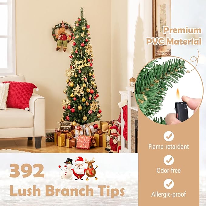 GOFLAME 6FT Prelit Pencil Christmas Tree, Slim Artificial Xmas Tree with 392 Memory Wire Branch Tips, 140 Warm White LED Lights & Upgraded Metal Stand, Seasonal Holiday Decoration Tree for Home Party