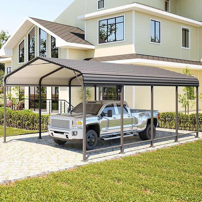 Wisteria Lane 12x20FT Metal Carport, Heavy Duty Carport Canopy with Reinforced Frame and Base for All-Weather, Outdoor Garage Car Port for Boats, Tractors, Pickup Trucks or Party, Dark Gray