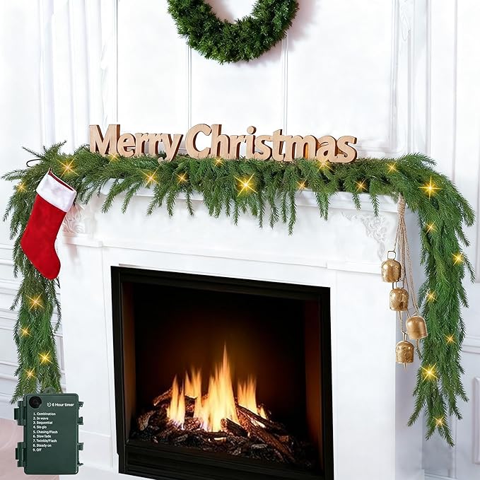 TW SHINE 9FT Pre-Lit Christmas Garland with Lights, 50 LED Lighted Artificial Norfolk Pine Garlands, Christmas Decorations for Indoor Outdoor Mantle Stairs Fireplace Decor, Warm White