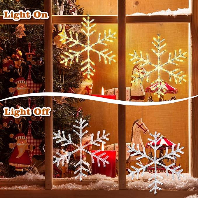 Christmas Decorations, 2 Pack Christmas Window Lights Snowflake Decorations, Snowflake Lights with 8 Lighting Modes for Holiday Indoor and Outdoor Wall Door Glass Decoration(Warm White)