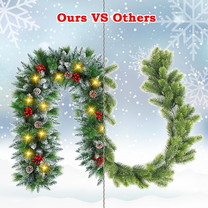 Christmas Garland with Lights - 9FT Pre-Lit Flocked Garland with 30 LED Bulbs, Red Berries, Pine Cones, Artificial Pine Battery Operated Garland for Fireplace, Staircase, Indoor & Outdoor Decoration