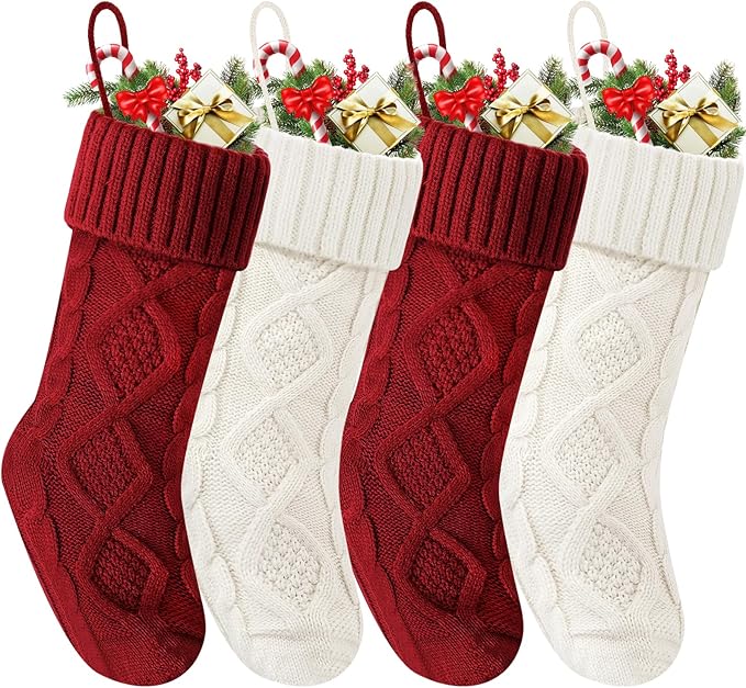Christmas Stockings 18 Inches,Long Knitted Socks Christmas Decoration Hanging Stocking Fireplace Xmas Tree Stocking for Home Family（2red+2white）