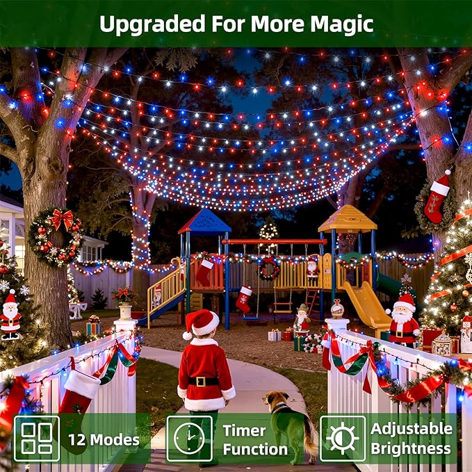750 LED 240FT Christmas Lights Outdoor,12 Lighting Modes Christmas String Lights with Timer, Dimmable Plug in Red White and Blue LED StringLights Waterproof for Yard Tree Wedding Party Holiday