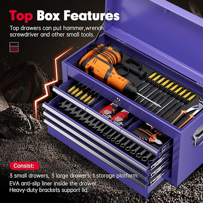 Superday Metal Tool Chest, 8 Drawer Rolling Tool Chest with Wheels, Detachable Tool Storage Cabinet with Lock for Garage, Steel Tool Cart with Liner & Hooks for Workshop, Warehouse (Purple)