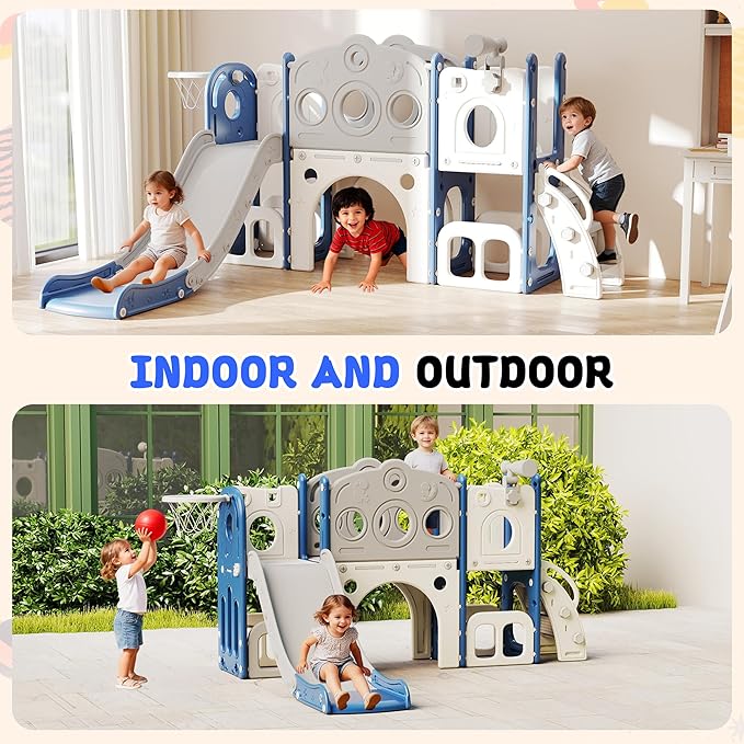 8 in 1 Toddler Slide, Outdoor Indoor Playset for Kids Baby Age 1 2 3, Childs Climber Slide with Storage Space and Non-Slip Steps, Basketball Hoopa and Telescope, Blue & White