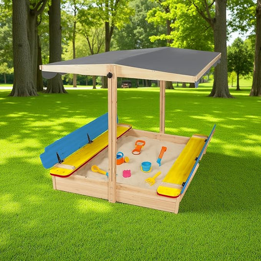 Large Wooden Sandbox Outdoor Sand Pit with Lid Cover Adjustable Canopy Foldable Bench Seat Bottom Liner Sand Box for Garden Patio Beach Backyard Play Aged 3-12 Years Old 48x48in (Multicolored)