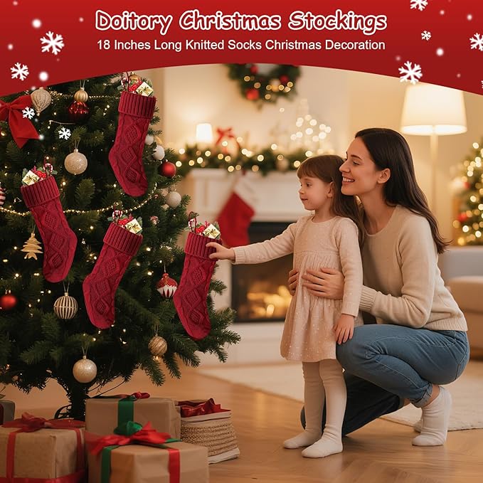 Christmas Stockings 18 Inches,Long Knitted Socks Christmas Decoration Hanging Stocking Fireplace Xmas Tree Stocking for Home Family（6P-red）
