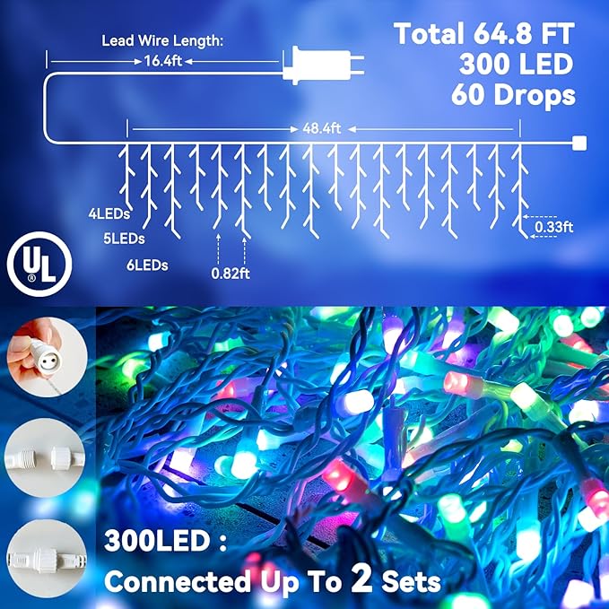 LitHome Color Changing Icicle Lights for Outside with Remote, 35 Colors Christmas Icicle Lights Outdoor Plug In, 300 LED 48FT Warm White Icicle Light Indoor Connectable for Holiday Party Bedroom Decor