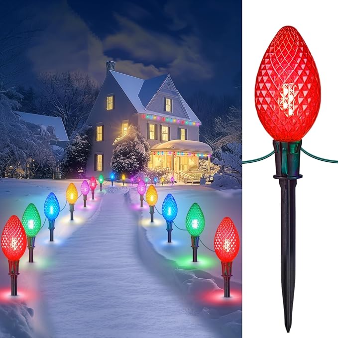 Minetom Double C9 Christmas Pathway Lights Outdoor - 13.5Ft 10 LED with 10 Marker Stakes for Walkway, Waterproof Plug in C9 Strawberry Christmas Lights for Driveway Lawn Decorations