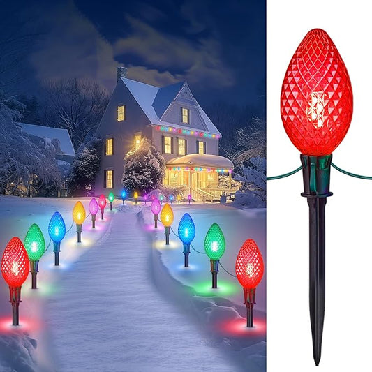 Minetom Double C9 Christmas Pathway Lights Outdoor - 13.5Ft 10 LED with 10 Marker Stakes for Walkway, Waterproof Plug in C9 Strawberry Christmas Lights for Driveway Lawn Decorations