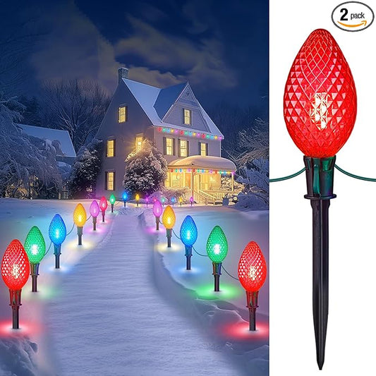 Minetom Double C9 Christmas Pathway Lights Outdoor - 2 Pack 13.5Ft 10 LED With 10 Marker Stakes for Walkway, Waterproof Plug-in C9 Strawberry Lights for Driveway Lawn Decorations