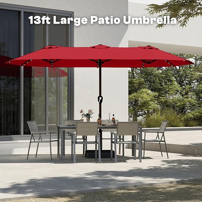 13FT Double-Sided Patio Umbrella with 48 Solar LED Lights, Large Rectangular Outdoor Market Umbrella with Crank Handle, Vented Canopy, Heavy-Duty 12 Rib Steel Frame, for Backyard, Garden, Pool, Red