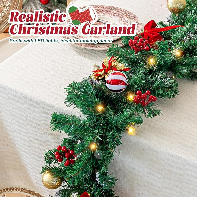 9 FT Pre-Lit Christmas Garland with 50 LED Lights Red Bows Flowers, Indoor Outdoor Lighted Garland for Stairs, Mantle, Door, Fireplace, Banister, Staircase, Holiday Christmas Decor, Battery Operated