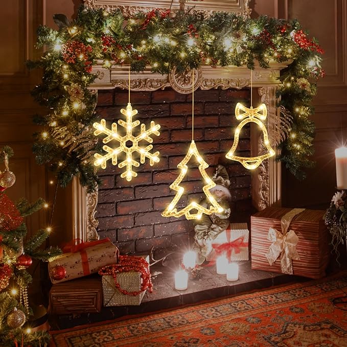 3Pack Christmas Window Lights Decorations with Timer,Battery Powered Christmas Hanging Warm White Lighted Snowflake Tree Bells Shaped LED Sucker for 2026 Xmas Tree Fireplace Indoor Decor
