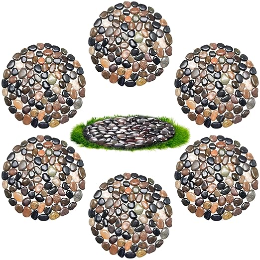 10in River Rock Stepping Stones Set - 6 Pack | Polished Pebble | Long-Lasting PVC Mesh Backing | Perfect for Garden Paths and Lawns Outdoor Landscaping Decoration | Mixed Circle