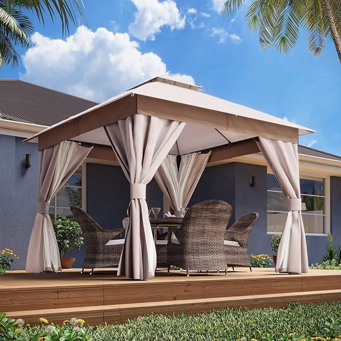 LAUSAINT HOME Semi-Permanent Patio Gazebo 10'x10' with Expansion Bolts, Outdoor Heavy Duty Party Shelter with Double Roofs, Mosquito Nettings and Privacy Screens for Backyard, Garden, Lawn, Khaki