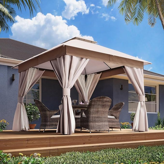 LAUSAINT HOME Semi-Permanent Patio Gazebo 10'x10' with Expansion Bolts, Outdoor Heavy Duty Party Shelter with Double Roofs, Mosquito Nettings and Privacy Screens for Backyard, Garden, Lawn, Khaki