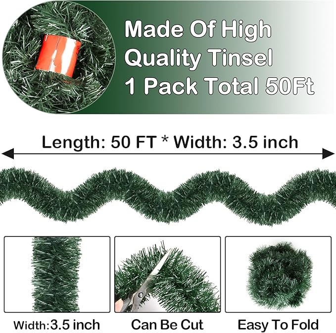 50FT Christmas Green Garland Artificial Greenery Garland for Christmas Tree Decorations, Indoor Xmas Decor for Home Fireplace Mantle Stairs Holiday Party