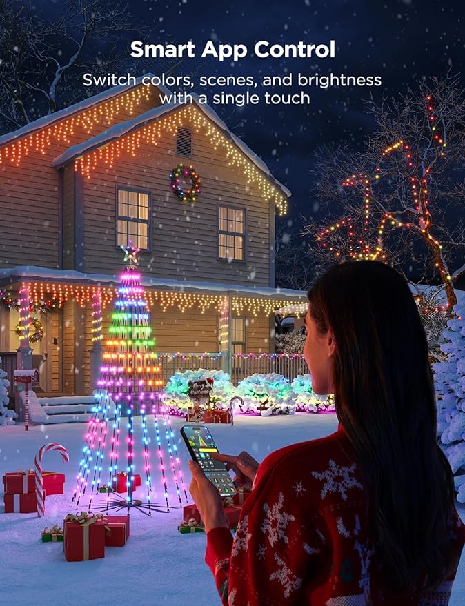 Govee Christmas Cone Tree Lights, 7.5ft 370 LEDs RGBIC Christmas Tree Lights with Smart App Control, IP67 Waterproof Outdoor String Lights for Christmas Decorations, 82+ Scene Modes, Music Sync