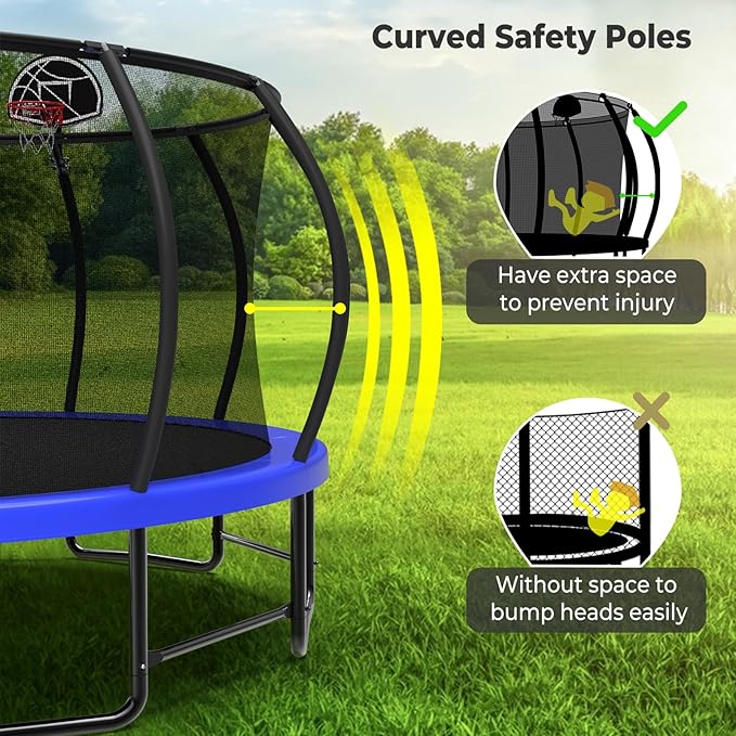 Lyromix 12 14 15 16FT Outdoor Trampolines for Kids and Adults, Pumpkin Trampolin with Curved Poles, Recreational Trampolin with Basketball Hoop and Safety Enclosure Net for Kids and Adults