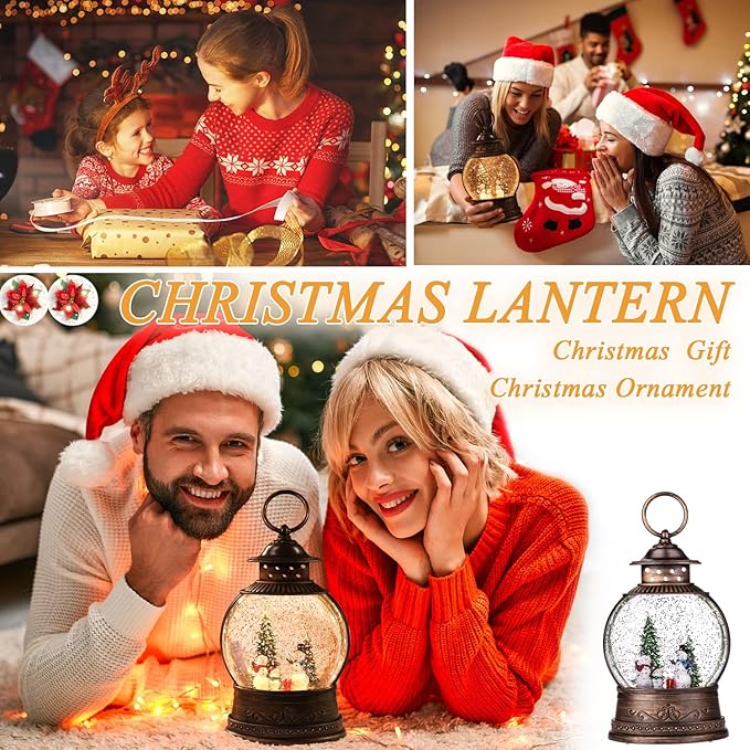 Christmas Snow Globe Lantern Water Glittering Rotating with Music and Timer, USB Lined/Battery Operated Lighted Lantern for Christmas Festival Decoration Gifts