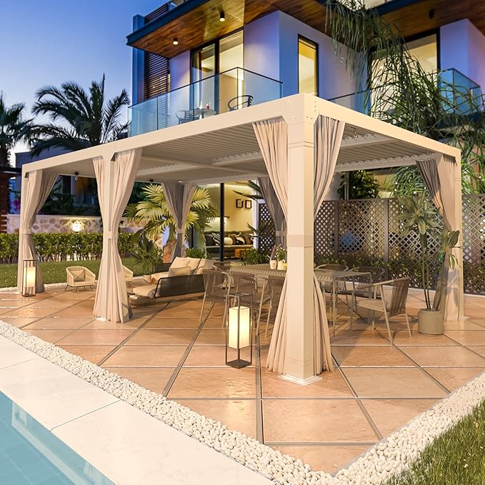 EROMMY Louvered Pergola 12' x 24' Outdoor Hard Top Pergola with Aluminum Frame and Adjustable Metal Rainproof Roof for Garden & Patio, Curtains and Netting Included, White
