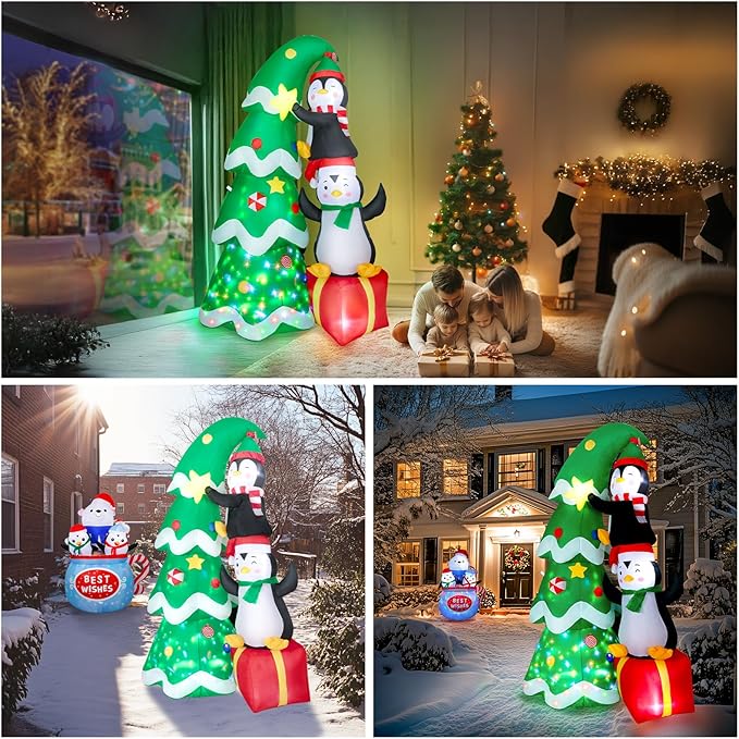 7FT Inflatable Christmas Tree Outdoor Decorations, Blow up Christmas Tree with Penguins & Gift Box Yard Decorations, Build-in LED Lights for Holiday Party Indoor Garden Lawn Patio Festive Decor