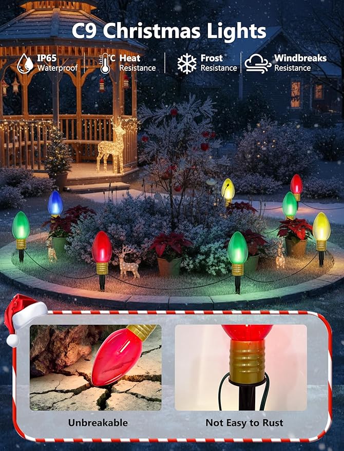Christmas Lights Jumbo C9 Outdoor Lawn Decorations with Pathway Marker Stakes, 2 Pack 7 Feet String Lights with Transparent Multicolored Light Bulb for Holiday Outside Yard Garden Decor, 8 Lights