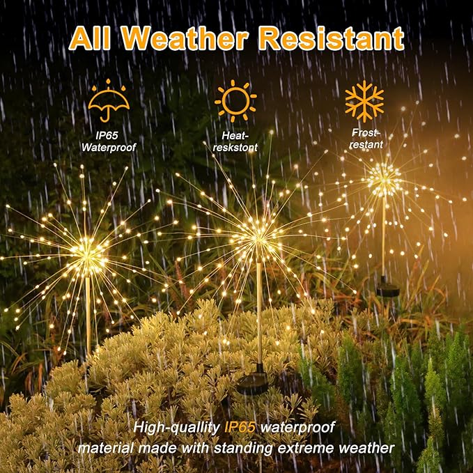 Solar Garden Firework Lights Outdoor Waterproof, 8 Pack Solar Lighting with 8 Lighting Modes, 120 LED Sparklers String Lights for Outside Decor Yard Pathway Decorations(Warm)