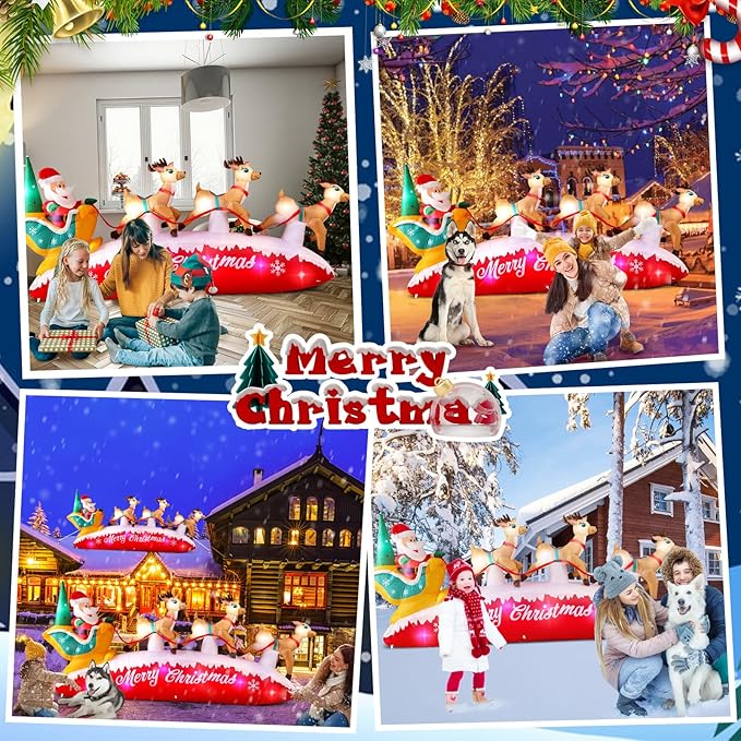 10FT Long Christmas Inflatables Santa Claus with Reindeer Sleigh Outdoor Decorations, Build-in Rotating Colorful LEDs Santa Blow up Yard Decoration for Holiday Xmas Party Indoor Lawn Christmas Eve