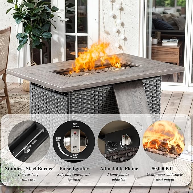 Luxury High Back Outdoor Furniture 6-Inch Thick Cushions with 50,000 BTU Gas Propane Fire Pit Tablet, Patio Furniture Set with Swivel Chairs, 8 PCS for Porch, Balcony, Deck and Yard