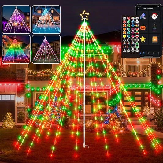12Ft 478LEDs Outdoor Christmas Tree Waterfall Lights with Pole, Cascading Twinkle Light for Yard, Color Changing RGB, Smart App/Remote Control, Timer, Waterproof, Giant Outside Xmas Decor