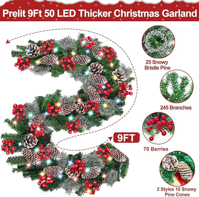 Timer 8 Modes - 9Ft by 10 Inch Prelit Christmas Garland with 50 Colorful Lights, Thick 270 Snowy Tips 70 Red Berry 10 Pinecone Battery Operated Real Touch Cedar Garland Xmas Door Mantle Indoor Outdoor