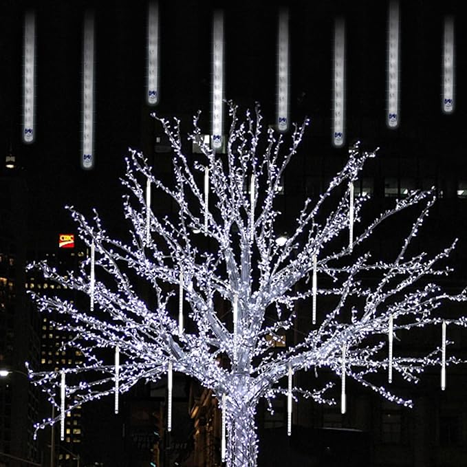 24 Tubes Meteor Shower Lights, Outdoor Icicles Christmas Decor, 12 Inch 864 LED Snow Falling Connectable Raindrop Lights, Xmas Wedding Party Tree Holiday Decoration, White