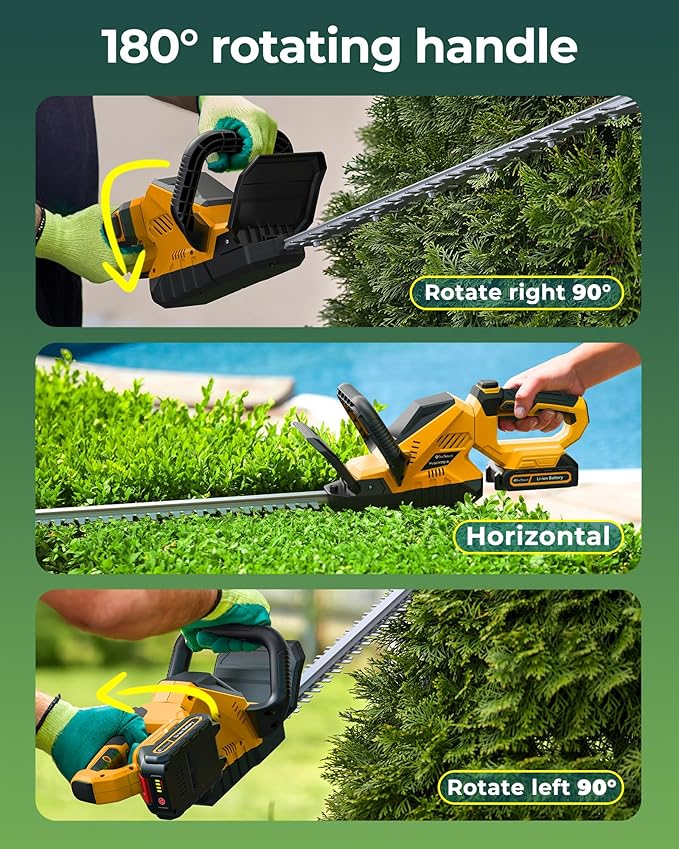 20'' Hedge Trimmer Cordless with Battery, 3000RPM Electric Handheld Bush Clipper with 2pcs 2000mAh Rechargeable Batteries, 180¡Æ Rotatable Head, 2/3'' Blade Gap Yellow