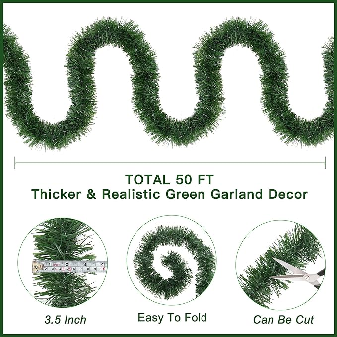 50 FT Artificial Pine Greenery Garland - Xmas Decorations for Christmas Tree, Stairs, Mantle, Fireplace, Outdoor & Indoor Home Holiday Party
