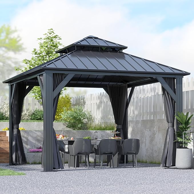 12'x12' Hardtop Gazebo, Outdoor Double Roof Galvanized Steel Gazebo, Aluminum Frame Permanent Pavilion with Curtains & Netting for Backyard, Patio, Deck (12x12)